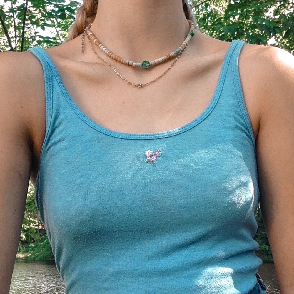 Blue Embroidered Flower Tank Top